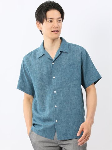リネン混シャンブレー オープンカラー半袖シャツ