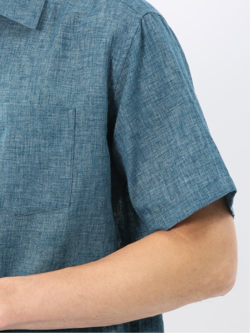 リネン混シャンブレー オープンカラー半袖シャツ