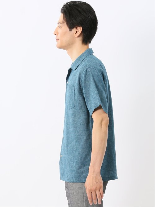 リネン混シャンブレー オープンカラー半袖シャツ