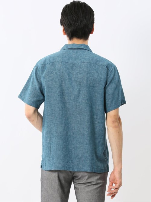 リネン混シャンブレー オープンカラー半袖シャツ