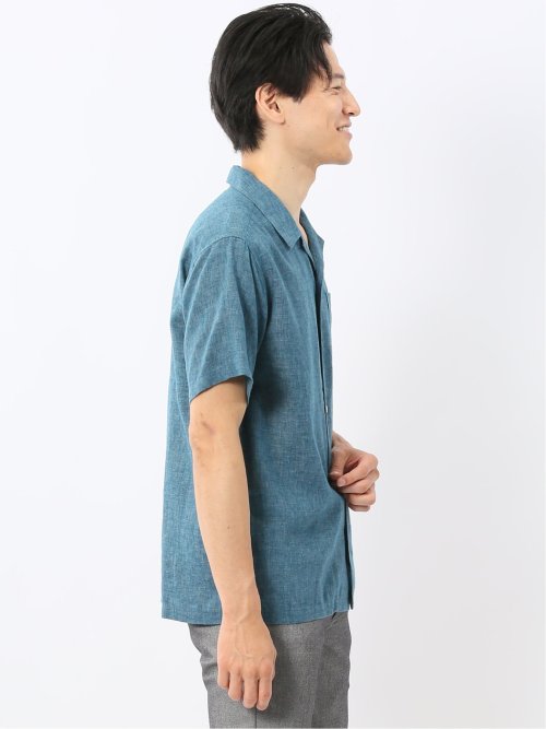 リネン混シャンブレー オープンカラー半袖シャツ
