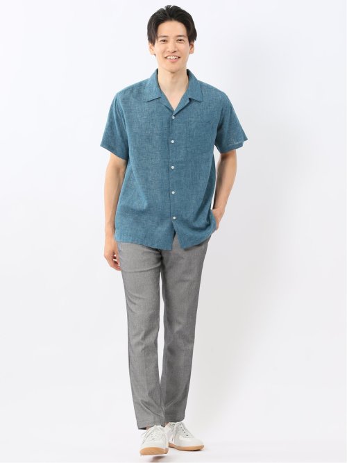 リネン混シャンブレー オープンカラー半袖シャツ