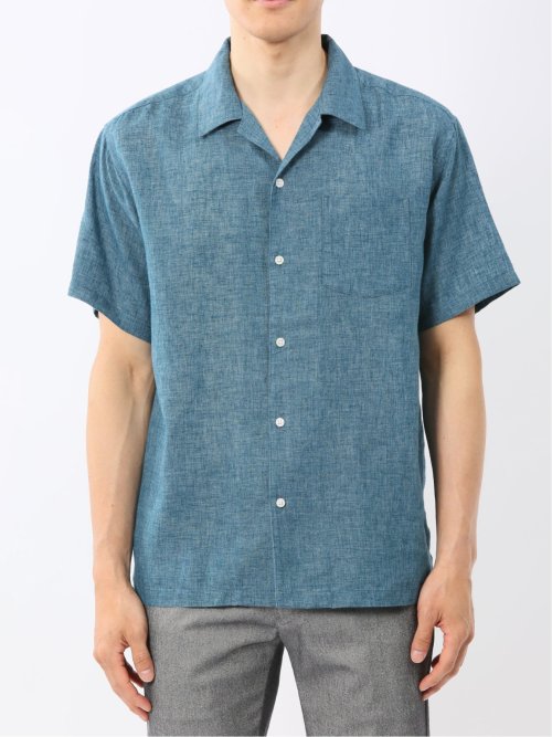 リネン混シャンブレー オープンカラー半袖シャツ
