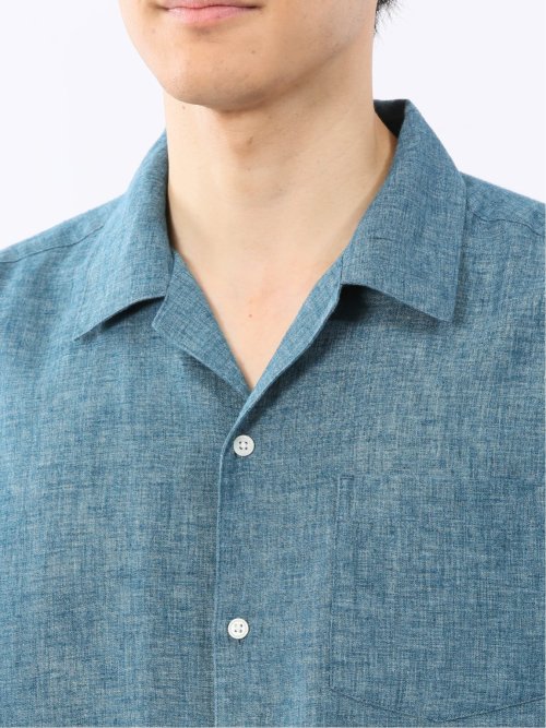 リネン混シャンブレー オープンカラー半袖シャツ