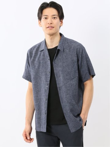リネン混シャンブレー オープンカラー半袖シャツ