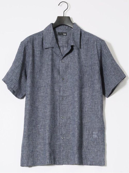 リネン混シャンブレー オープンカラー半袖シャツ