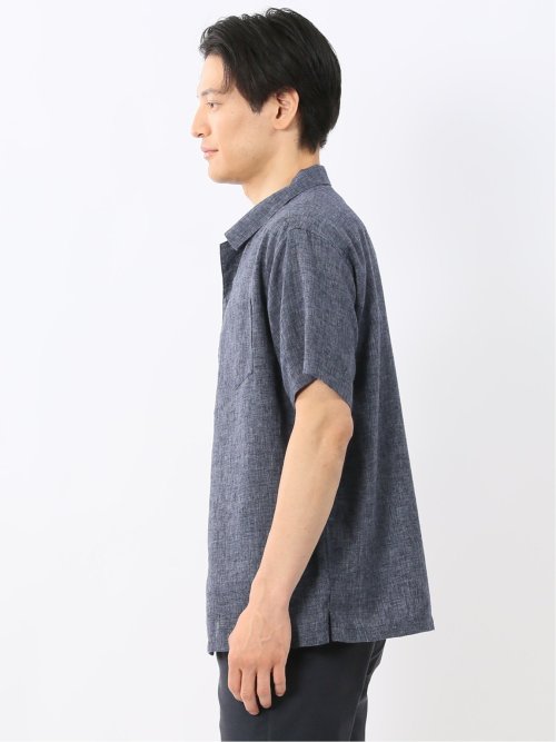 リネン混シャンブレー オープンカラー半袖シャツ