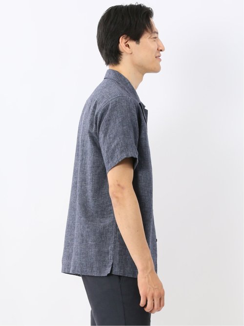 リネン混シャンブレー オープンカラー半袖シャツ