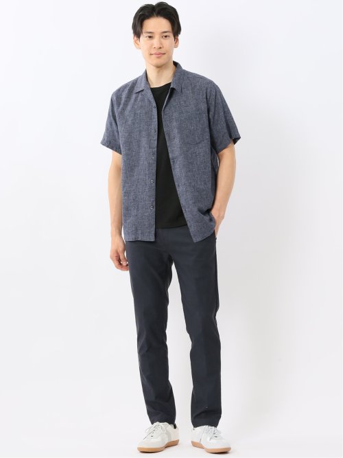 リネン混シャンブレー オープンカラー半袖シャツ