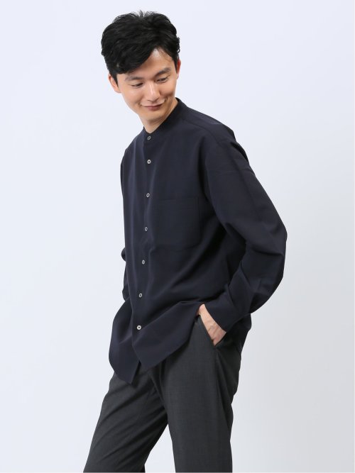 ストレッチ ギャバジン バンドカラー長袖シャツ