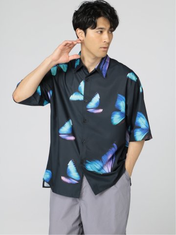 バタフライ総柄 レギュラーカラー 半袖ルーズシャツ