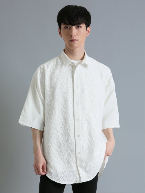 ジャガード切替 半袖BIGシャツ(M 01白): トップス | TAKA-Q ONLINE