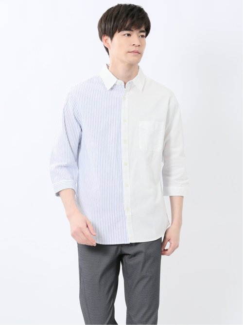 綿パナマ 配色 レギュラーカラー7分袖シャツ