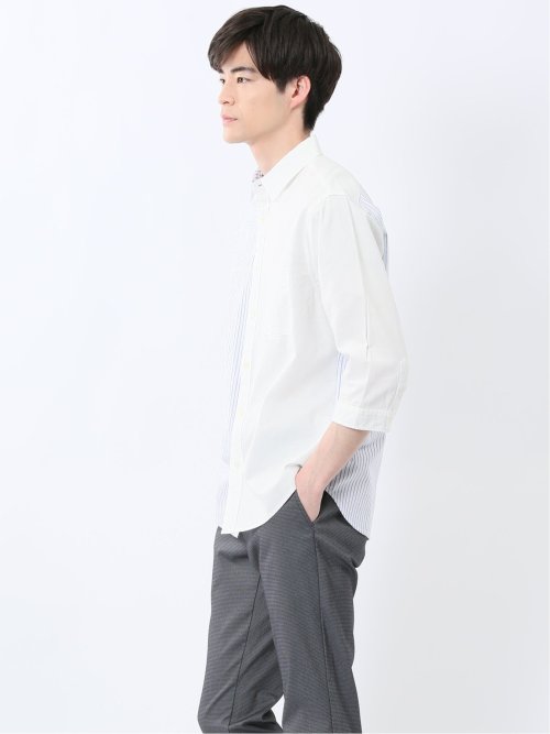 綿パナマ 配色 レギュラーカラー7分袖シャツ