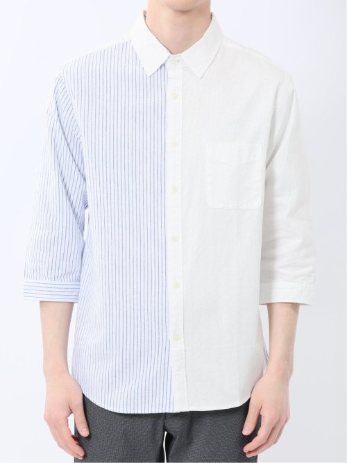 綿パナマ 配色 レギュラーカラー7分袖シャツ