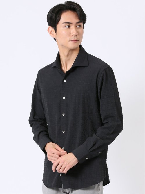 シャツ メンズ 長袖 ストレッチ ブロックサッカー カッタウェイ(M 05黒