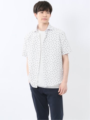 メッシュ 小花プリント カッタウェイ半袖シャツ