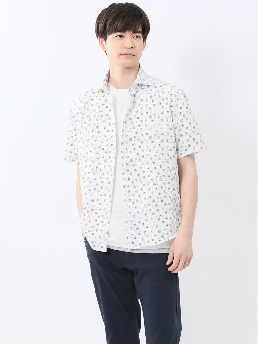 シャツ メンズ 半袖 ストレッチ メッシュ 小花 プリント カッタウェイ 