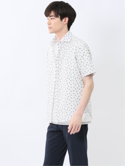 メッシュ 小花プリント カッタウェイ半袖シャツ