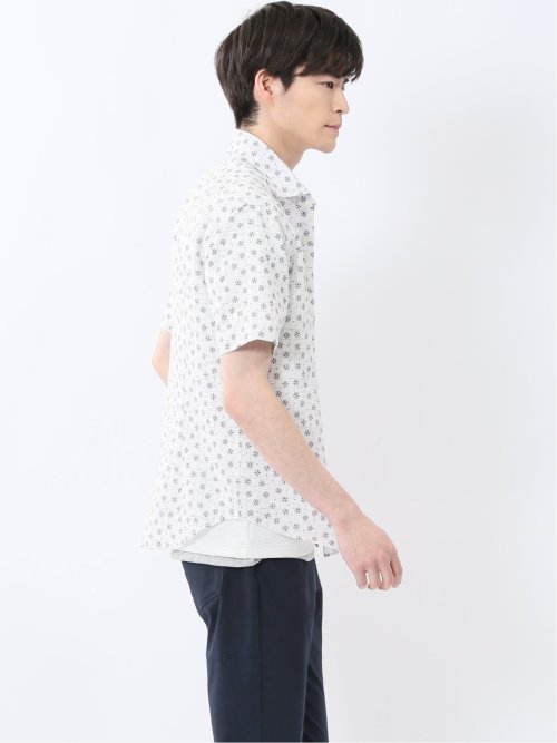 メッシュ 小花プリント カッタウェイ半袖シャツ