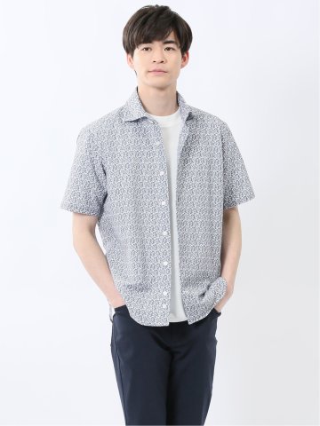 メッシュ 小花プリント カッタウェイ半袖シャツ