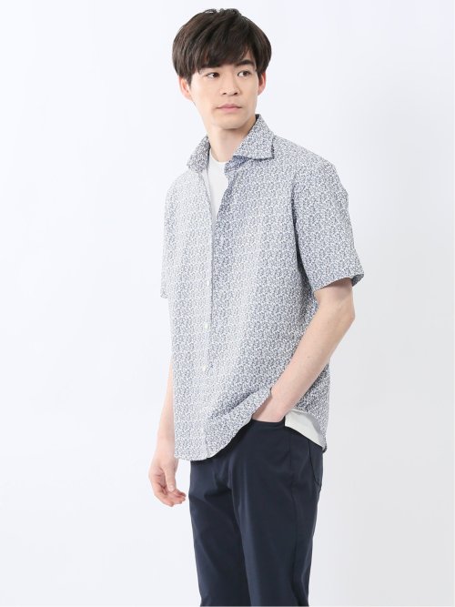 メッシュ 小花プリント カッタウェイ半袖シャツ