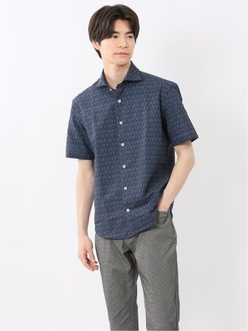 メッシュ 小花プリント カッタウェイ半袖シャツ