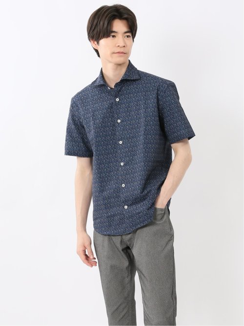 メッシュ 小花プリント カッタウェイ半袖シャツ