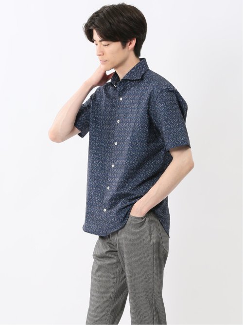 メッシュ 小花プリント カッタウェイ半袖シャツ