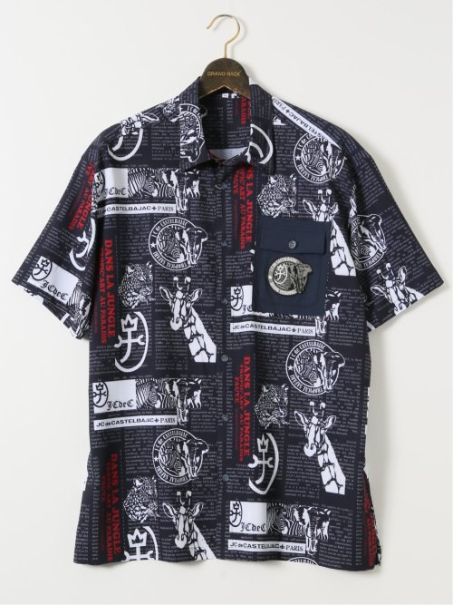 【大きいサイズ】カステルバジャック/CASTELBAJAC ストレッチ 総柄 プリント レギュラーカラー 半袖 シャツ