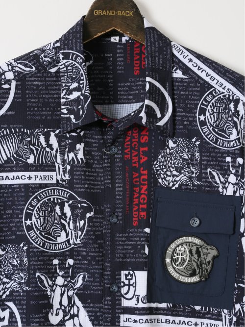 【大きいサイズ】カステルバジャック/CASTELBAJAC ストレッチ 総柄 プリント レギュラーカラー 半袖 シャツ