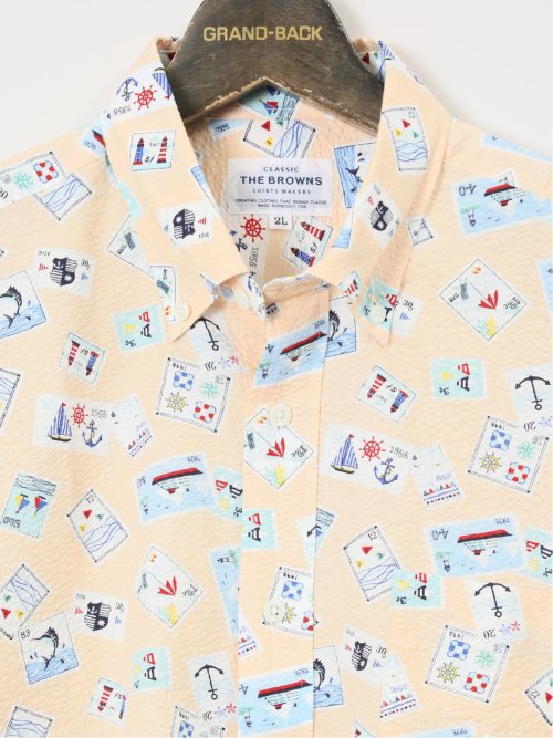 【大きいサイズ】CLASSIC THE BROWNS 日本製 綿リップル ボタンダウン半袖シャツ