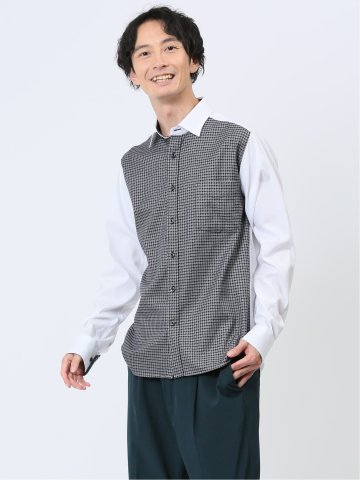 綿オックス×異素材切替 ショートワイドカラー長袖シャツ