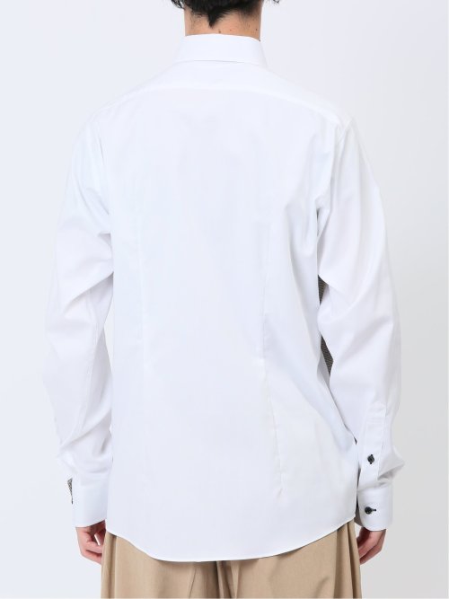 綿オックス×異素材切替 ショートワイドカラー長袖シャツ