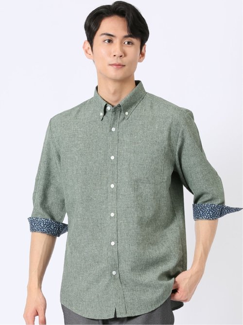 13日までSALE‼️【タカダンス社製】ラテンメンズシャツ　ミントグリーン シャツ メンズ 7分袖 麻調 無地 軽量 ドライタッチ ボタンダウン(M 55