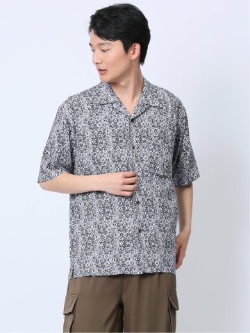 レーヨン幾何学柄 オープンカラー半袖シャツ