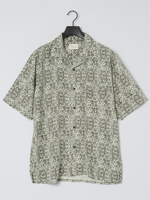 レーヨン幾何学柄 オープンカラー半袖シャツ