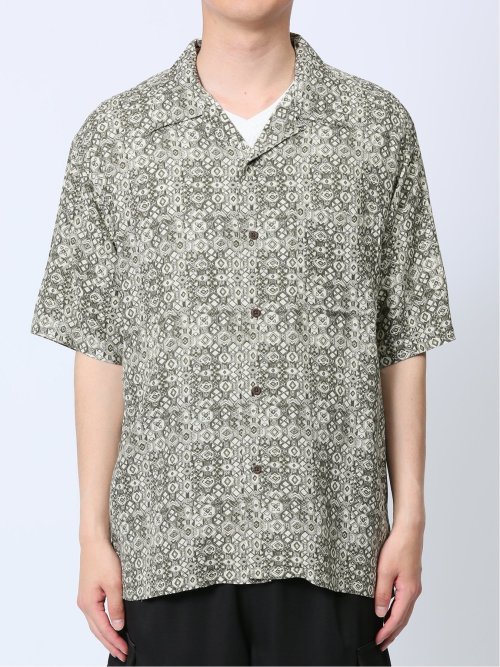 レーヨン幾何学柄 オープンカラー半袖シャツ