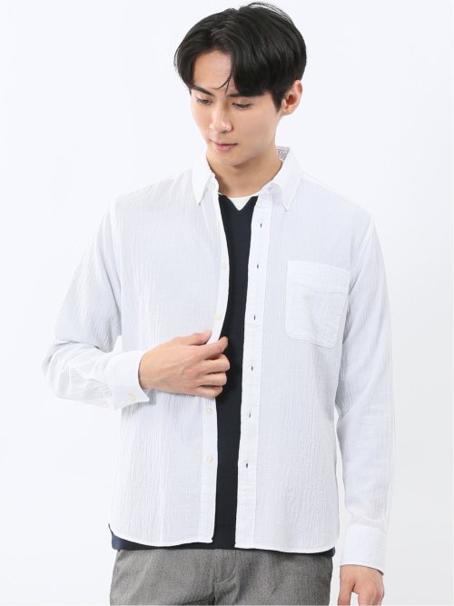 パネライ/PANERAI 綿クレープ&サッカー ボタンダウン長袖シャツ(M 01白