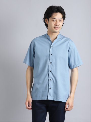 抗菌イージーケア インディゴ調バンドカラー半袖シャツ