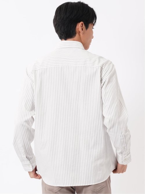 シャツ メンズ 長袖 ワイドカラー 起毛 ストライプ 綿 コットン アムンゼン ややゆったり 胸ポケット