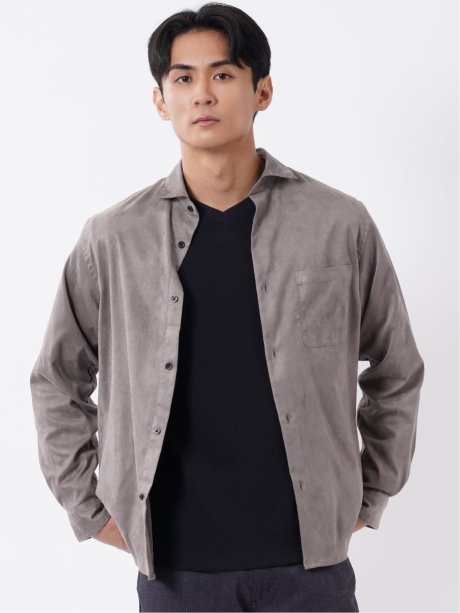 シャツ メンズ 長袖 ストレッチ ワイドカラー 起毛 ややゆったり
