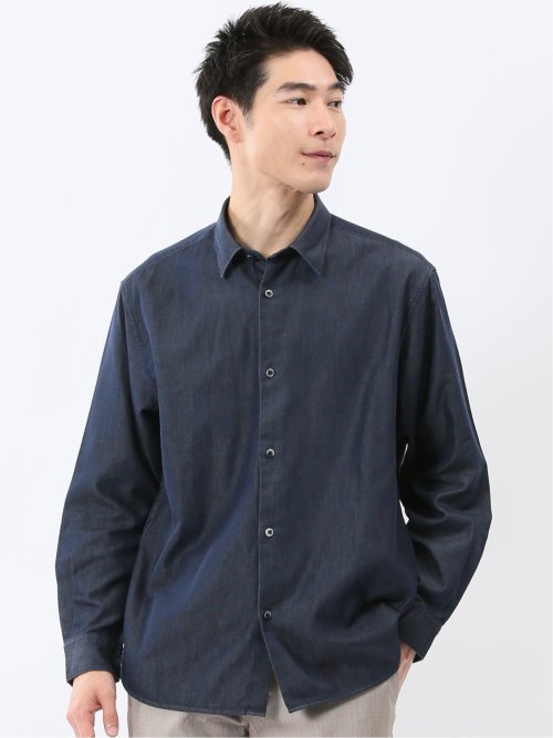 ストレッチストライプ柄 バンドカラー長袖シャツ(M 50緑): トップス