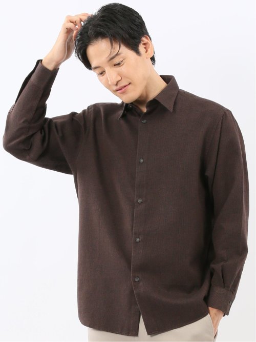 綿混 起毛ワッフル レギュラーカラー長袖シャツ
