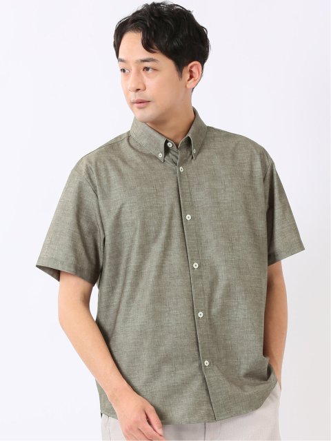 シャツ メンズ 半袖 ストレッチ 吸水速乾 ノンアイロン ボタンダウン ややゆったり ルーズフィット トリコット ハケメ