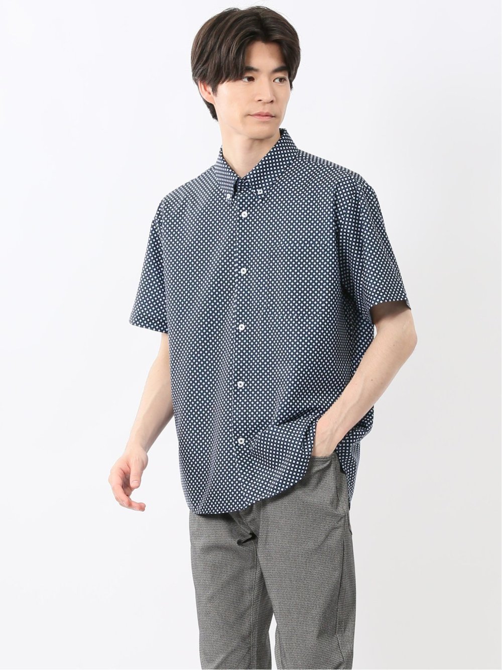 小紋プリント ボタンダウン半袖シャツ
