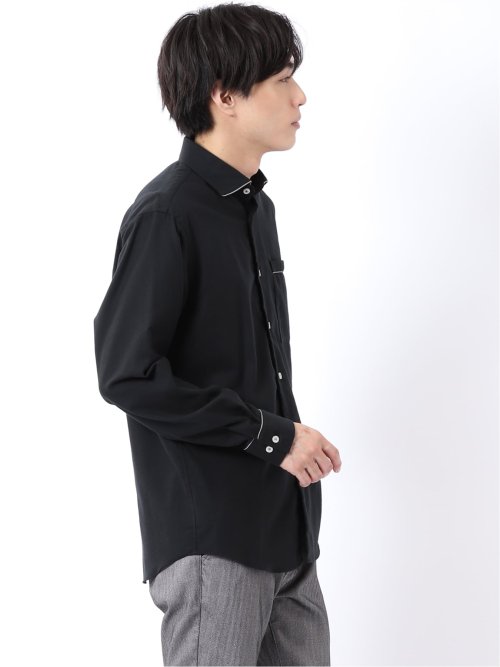 シャツ メンズ 長袖 起毛 フランネル 綿 コットン ワイドカラー 無地 パイピング