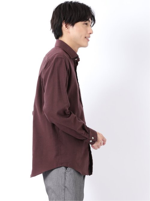 シャツ メンズ 長袖 起毛 フランネル 綿 コットン ワイドカラー 無地 パイピング