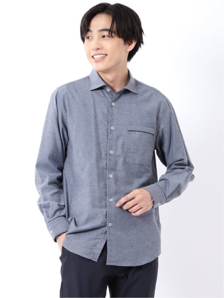 シャツ メンズ 長袖 起毛 フランネル 綿 コットン ワイドカラー 無地 パイピング