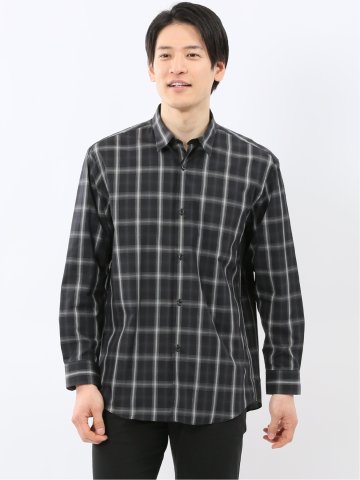 ストレッチ 綿チェック レギュラーカラー 長袖 シャツ